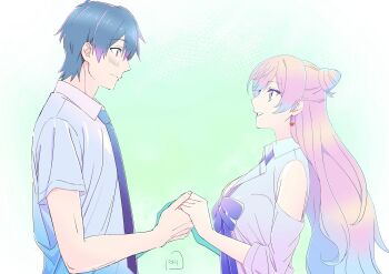Rule 34 | 1boy, 1girl, blue bow, blue eyes, blue hair, blue necktie, bow, breasts, closed mouth, clothing cutout, collared shirt, commentary request, cone hair bun, earrings, from side, fuufu ijou koibito miman., gradient hair, hair bun, heart, heart earrings, highres, holding hands, jewelry, large breasts, long hair, multicolored hair, necktie, nori (norimakigumo), parted lips, pink eyes, pink hair, shirt, short hair, short sleeves, shoulder cutout, signature, smile, two-tone hair, upper body, watanabe akari, white shirt, yakuin jirou