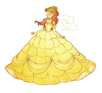 1girl animification beauty_and_the_beast_(disney) belle_(disney) black_hair brown_hair commentary_request dress earrings full_body gloves jewelry long_hair looking_at_viewer ponytail smile souno_kazuki yellow_dress