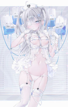 absurdres arm_wrap bandages bandaid bandaid_hair_ornament bandaids_on_nipples blue_eyes blush breasts buckle collar commentary_request eyepatch frilled_panties frills garter_straps gloves grey_hair hair_between_eyes hair_ornament hands_up hat heart highres intravenous_drip leg_wrap lingerie looking_at_viewer mashiro_shiki medical_eyepatch nurse nurse_cap original panties pasties see-through_clothes side_ponytail signature single_thighhigh small_breasts stomach sweatdrop syringe thighhighs twintails underwear white_collar white_gloves white_thighhighs window_blinds