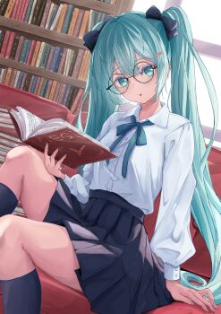 1girl :o absurdres alternate_costume aqua_eyes aqua_hair aqua_ribbon arm_support black_bow black_skirt black_socks book book_stack bookshelf bow double-parted_bangs dress_shirt fingernails glasses grey_nails hair_between_eyes hair_bow hair_ornament hairpin hatsune_miku highres holding holding_book indoors kneehighs long_hair looking_at_viewer nail_polish neck_ribbon no_renor_en open_book ribbon round_eyewear shirt shirt_tucked_in skirt socks very_long_hair vocaloid white_shirt window
