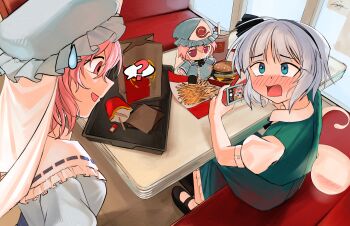 2girls ? absurdres aqua_eyes big_mac black_hairband black_shoes blue_dress blue_eyes blue_hat blush burger cellphone character_doll doll dress embarrassed fast_food food french_fries fumo_(doll) green_jacket green_skirt green_vest grey_hair hairband hat highres indoors jacket konpaku_youmu looking_at_another looking_at_viewer mcdonald's mob_cap multiple_girls open_mouth partyu phone pink_eyes pink_hair revision saigyouji_yuyuko shirt shoes short_hair short_sleeves sitting skirt smartphone spoken_question_mark sweatdrop taking_picture touhou triangular_headpiece vest white_hair white_shirt