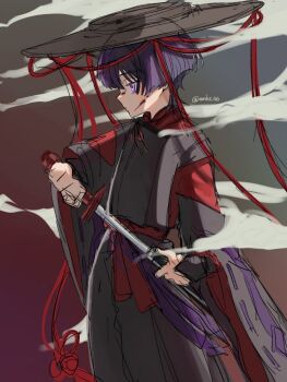 1boy amhr_46 black_pants black_sleeves blood blood_on_face blunt_ends brown_hat clothing_cutout cowboy_shot expressionless eyelashes genshin_impact grey_background half-closed_eyes hat holding holding_sheath holding_sword holding_weapon ichimegasa japanese_clothes kariginu kimono kuronushi_(genshin_impact) layered_sleeves long_sleeves looking_to_the_side male_focus pants purple_eyes purple_hair red_background red_kimono red_sash red_sleeves ribbon-trimmed_sleeves ribbon_trim sash scaramouche_(genshin_impact) sheath shoulder_cutout sketch smoke solo sword twitter_username unsheathing weapon white_sleeves wispy_bangs