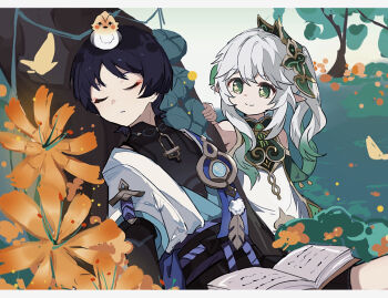 1boy 1girl against_tree animal animal_on_head armlet arms_at_sides belt bird bird_on_head black_belt black_bodysuit black_bow black_bridal_gauntlets black_hair black_shorts blue_kimono blue_sleeves blunt_ends bodysuit book bow bridal_gauntlets bush chinese_commentary closed_mouth colored_tips commentary covered_collarbone cross-shaped_pupils detached_sleeves dress eyelashes eyeliner eyeshadow facing_to_the_side finch flower genshin_impact gold_trim gradient_hair green_eyes green_hair green_sleeves hair_ornament highres japanese_clothes jewelry juban kimono layered_sleeves leaf leaf_hair_ornament long_hair long_wind looking_at_another makeup mandarin_collar multicolored_hair nahida_(genshin_impact) on_head open_book open_clothes open_kimono orange_flower outdoors parted_lips pointy_ears purple_rope purple_sash raised_eyebrows red_eyeliner red_eyeshadow rope sash scaramouche_(genshin_impact) short_sleeves shorts shoulder_peek side_ponytail sidelocks sleeping smile split_mouth symbol-shaped_pupils tareme tree wanderer_(genshin_impact) white_dress white_hair white_kimono white_mouth white_sleeves wispy_bangs yellow_pupils