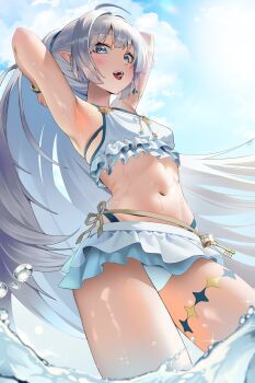 1girl absurdres ahoge armpits bikini bikini_skirt blue_eyes blue_sky blush cloud commentary dutch_angle extra_pupils female_tyrant_(stella_sora) female_tyrant_(swimsuit)_(stella_sora) frilled_bikini frills from_below grey_hair hair_intakes hairband high_ponytail highres layered_bikini long_hair natu_(natu_sod) navel open_mouth outdoors pointy_ears ponytail sky smile solo stella_sora stomach sweat swimsuit symbol-only_commentary teeth thighs tongue tyrant_(stella_sora) very_long_hair water wet white_bikini white_hairband wristband