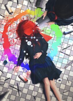 2girls absurdres black_serafuku black_skirt blue_serafuku brown_hair feet_out_of_frame fracoco hand_on_own_stomach highres long_hair long_sleeves lying magnifying_glass multiple_girls neckerchief on_back on_floor original paint paint_on_body paint_on_clothes paintbrush pen pencil pleated_skirt rainbow_gradient red_hair red_neckerchief ruler sailor_collar school_uniform serafuku shirt skirt solo_focus spray_paint surreal tile_floor tiles