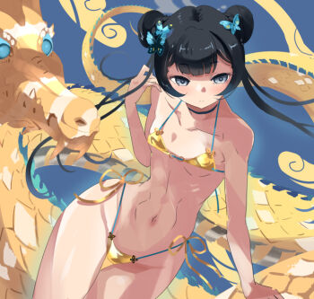 1girl bikini black_choker blue_archive breasts butterfly_hair_ornament choker commentary_request double_bun dragon gold_bikini hair_bun hair_ornament highleg highleg_bikini ishizu_kayu kisaki_(blue_archive) long_hair micro_bikini side-tie_bikini_bottom small_breasts string_bikini swimsuit twintails