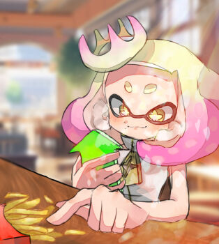 Rule 34 | blurry, blurry background, cellphone, chi yukumi (user tcje3575), closed mouth, commentary request, crown, eating, food, french fries, gradient hair, highres, holding, holding phone, indoors, inkling, light rays, medium hair, mole, mole under mouth, multicolored hair, nintendo, pearl (off the hook outfit) (splatoon), pearl (splatoon), phone, pink hair, sleeveless, smartphone, smile, splatoon (series), splatoon 2, tentacle hair, thick eyebrows, white hair, yellow eyes