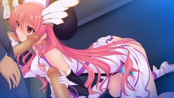 1girl 3boys ass black_sleeves blush boots breasts brown_eyes censored closed_mouth detached_sleeves double_handjob dress en_ciel_rena en_ciel_rena_(magius) game_cg gangbang gloved_handjob gloves group_sex hair_between_eyes handjob hat hetero imminent_fellatio kneeling kourin_tenshi_en_ciel_rena large_variant_set long_hair long_sleeves magical_girl mosaic_censoring multiple_boys non-web_source official_art pants penis pink_hair saitou_natsuki skirt solo_focus suhamaya tomoe_rena variant_set very_long_hair white_gloves