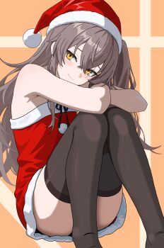 1girl 4f1ve_cyc black_pantyhose blush brown_hair christmas commentary_request flat_chest girls'_frontline hair_between_eyes hat highres long_hair miniskirt one_side_up pantyhose santa_costume santa_hat scar scar_across_eye scar_on_face skirt smile thighhighs ump45_(girls'_frontline) yellow_eyes zettai_ryouiki