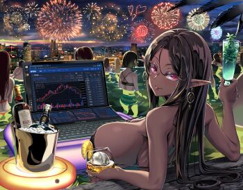 6+girls alcohol back bakc black_hair bottle breasts bucket building city computer dark-skinned_female dark_skin earrings elf fat fat_man fireworks food fruit glass highres huge_breasts ice ice_cube jewelry lamp laptop lemon lemon_slice long_hair looking_at_viewer looking_back miyu_(miyu_heuung) multiple_boys multiple_girls night original pointy_ears pool red_eyes smile swimsuit tongue tongue_out water