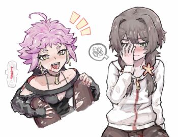 2girls ahoge black_hair blood_on_mouth blush choker embarrassed green_eyes hair_ornament hand_over_face jacket live_(mayonaka_punch) long_hair masaki_(mayonaka_punch) mayonaka_punch menstrual_pad multiple_girls multiple_views pantyhose pink_hair sharp_teeth simple_background spoken_squiggle squiggle star_(symbol) star_hair_ornament teeth tongue tongue_out torn_clothes torn_pantyhose track_jacket twintails vampire white_background wjingd1 yellow_eyes yuri