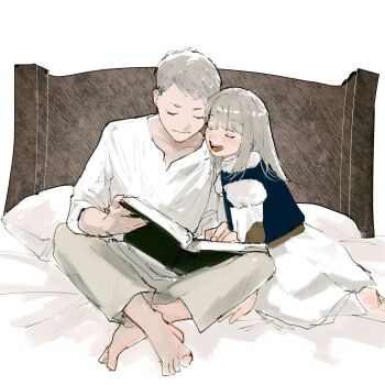 1boy 1girl barefoot bed bed_sheet black_shirt book brother_and_sister closed_eyes closed_mouth commentary_request dungeon_meshi falin_touden full_body grey_hair grey_pants highres holding holding_book indian_style laios_touden leaning_on_person light_blush long_hair nya_pe on_bed open_book open_mouth pants reading shirt short_hair siblings sitting skirt smile white_background white_shirt white_skirt