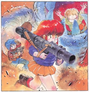 1990s_(style) 1girl 2boys arms_up blonde_hair blue_eyes blue_hair boots border brown_gloves dragon_magazine gloves gun holding holding_gun holding_weapon long_hair long_sleeves m1_bazooka miniskirt multiple_boys non-web_source open_mouth orange_skirt pleated_skirt red_hair retro_artstyle rifle rocket_launcher short_hair skirt solo_focus tsuzuki_kazuhiko weapon white_border worm