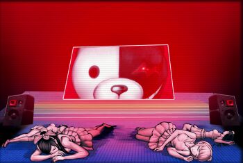 4girls aoba_satomi bow breasts closed_eyes danganronpa:_trigger_happy_havoc danganronpa_(series) dress flower game_cg hair_bow hair_flower hair_ornament hairband haneyama_ayaka komatsuzaki_rui lying midriff monokuma multiple_girls official_art on_back on_side on_stomach scanlines skirt speaker stage third-party_source unconscious