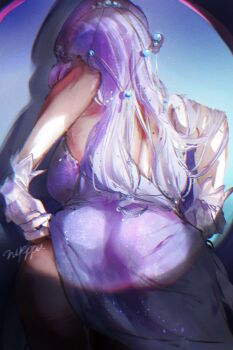 1girl ass bent_over black_swan_(boundless_choreo)_(honkai:_star_rail) black_swan_(honkai:_star_rail) dress gloves highres honkai:_star_rail honkai_(series) nyeppu purple_hair tagme