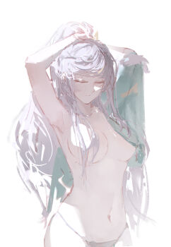 1girl absurdres adjusting_hair breasts closed_eyes commentary genshin_impact green_kimono grey_hair grey_panties hair_censor hair_over_breasts highres japanese_clothes kimono large_breasts long_hair navel panties simple_background solo stomach underwear very_long_hair white_background yion_(yys84754634) zibai_(genshin_impact)