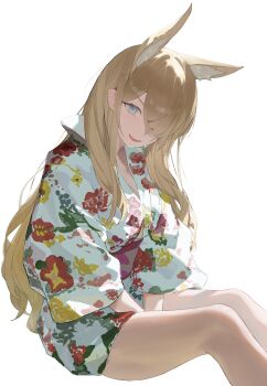 1girl absurdres animal_ear_fluff animal_ears between_legs blonde_hair blue_archive blue_eyes breasts cleavage commentary_request dog_ears dog_girl duckman_(user_agwh8823) extra_ears floral_background hair_over_one_eye hand_between_legs highres japanese_clothes kanna_(blue_archive) kimono long_hair looking_at_viewer open_mouth red_sash sash short_kimono solo white_kimono