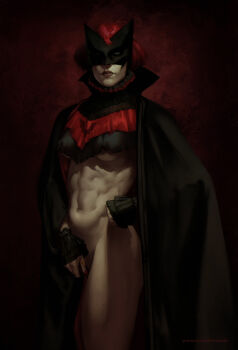 abs absurdres artist_name bare_legs bat_mask batman_(series) batman_symbol batwoman breasts cape clenched_hand commentary covered_erect_nipples covering_privates dc_comics dima_ivanov english_commentary english_text eye_mask frilled_shirt_collar frills hand_on_own_hip highres jewelry kate_kane lips lipstick looking_at_viewer makeup mask nail_polish navel obliques realistic red_hair ring short_hair simple_background superhero_costume two-tone_cape underboob upper_body watermark web_address