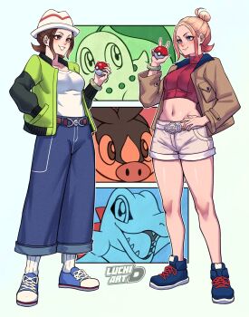2girls belt blue_eyes blue_pants blue_shoes bracelet breasts brown_belt brown_eyes brown_hair brown_jacket brown_shorts chikorita commentary crop_top denim english_commentary gen_2_pokemon gen_5_pokemon green_jacket hair_bun harmony_(pokemon) hat highres holding holding_poke_ball jacket jeans jewelry luchidart medium_breasts midriff multiple_girls navel nintendo orange_hair pants poke_ball pokemon pokemon_(creature) pokemon_legends:_z-a red_shirt ribbed_socks shirt shoes short_shorts shorts single_hair_bun smile socks taunie_(pokemon) tepig totodile turtleneck turtleneck_shirt v-shaped_eyebrows watermark white_hat white_shirt white_socks