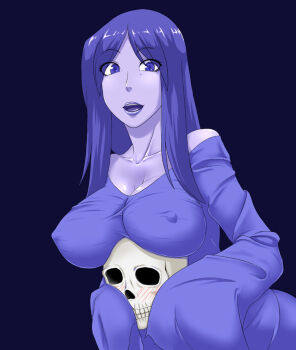 1girl blue_background blush breast_rest breasts colored_skin dress ghost ghost_girl happy joker_(splatterhouse) ml_(1739mk) open_mouth portrait purple_dress purple_eyes purple_hair purple_skin skull solo solo_focus splatterhouse