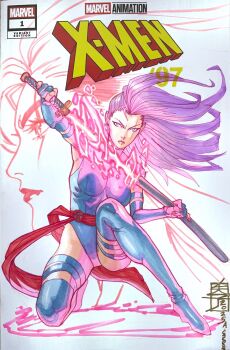 1girl acecore2k blue_eyes boots breasts commentary copyright_logo cover_sketch english_commentary floating_hair gloves glowing glowing_sword glowing_weapon highleg highleg_leotard highres holding holding_sword holding_weapon katana large_breasts leotard logo long_hair looking_up marker_(medium) marvel on_one_knee pink_nails psylocke purple_boots purple_gloves purple_hair purple_leotard red_sash sash scar scar_across_eye scar_on_face sheath solo sword thigh_boots thigh_strap traditional_media unsheathing weapon white_background x-men