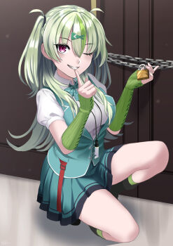 1girl absurdres aqua_skirt arm_warmers blue_skirt blue_vest bow bowtie breasts chain collared_shirt detached_sleeves finger_to_mouth gloves green_bow green_gloves green_hair green_socks green_vest grin hair_between_eyes hair_ornament hairclip heaven_burns_red highres holding holding_key index_finger_raised indoors key lock long_hair looking_at_viewer miniskirt multicolored_hair nil_(pixiv_53614557) on_one_knee one_eye_closed ooshima_isuzu padlock pink_eyes plaid_bow pleated_skirt puffy_short_sleeves puffy_sleeves red_eyes school_uniform shirt short_sleeves shushing skirt smile socks solo streaked_hair teeth two_side_up vest whistle whistle_around_neck white_shirt x_hair_ornament