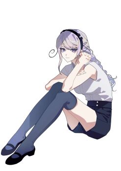 1girl black_hairband black_shoes black_shorts bow_hairband braid grey_hair hair_ornament hairband hairpin hands_up highres kirifuji_nozomi knees_up kurenaikiyumi long_hair mole mole_under_eye multiple_hairpins purple_eyes shirt shirt_tucked_in shoes shorts simple_background sitting sleeveless slip-on_shoes smile solo stray_hair the_hundred_line_-last_defense_academy- thighhighs white_shirt