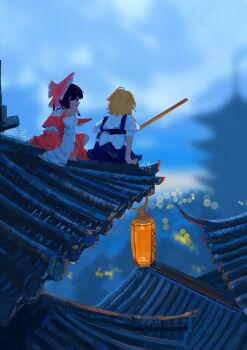2girls architecture black_hair black_vest blonde_hair blurry bokeh bow broom cup depth_of_field detached_sleeves east_asian_architecture from_behind hair_bow hair_tubes hakurei_reimu highres kirisame_marisa koukouya lantern multiple_girls on_roof outdoors paper_lantern puffy_short_sleeves puffy_sleeves red_bow red_skirt shirt short_sleeves sitting skirt touhou vest white_bow white_shirt white_sleeves