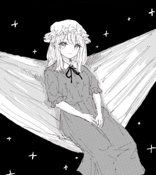 1girl black_ribbon blonde_hair buttons collar dress dress_ribbon greyscale hair_between_eyes hands_on_own_legs hat highres kashiwada_kiiho long_dress looking_at_viewer lying maribel_hearn medium_hair mob_cap monochrome on_back resting ribbon short_sleeves solo sparkle touhou white_collar white_hat