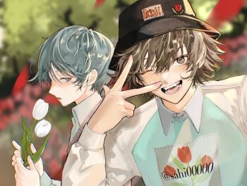 2boys aqua_shirt black_hat blue_eyes blue_hair blurry blurry_background brown_eyes brown_hair commentary_request flower hair_between_eyes hand_up hat holding holding_flower long_sleeves looking_at_viewer male_focus multiple_boys one_eye_closed open_mouth original sahi00000 shirt short_hair smile swept_bangs w white_flower