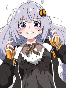 1girl absurdres ahoge bangle black_coat blue_eyes blush bracelet braid breasts coat collared_dress dress fingerless_gloves gloves grey_dress grey_hair grin hair_ornament hands_up hashtag-only_commentary highres jewelry kizuna_akari large_breasts long_hair long_sleeves lonsooooooooo orange_gloves simple_background smile solo striped_clothes striped_gloves twin_braids upper_body vertical-striped_clothes vertical-striped_gloves very_long_hair vocaloid white_background