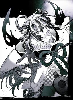 Rule 34 | 2girls, ajirogasa, artist name, bead necklace, beads, commentary request, expressionless, fate/grand order, fate (series), greyscale, gun, hair beads, hair ornament, hat, highres, japanese clothes, jewelry, kashin koji (fate), kashin koji (first ascension) (fate), looking at viewer, medium hair, mole, mole under each eye, mole under eye, monochrome, multicolored hair, multiple girls, multiple moles, neck ruff, necklace, outside border, outstretched arm, pointing, pointing at viewer, scar, scar on face, scar on nose, sidelocks, siiika (siiika6), streaked hair, sugitani zenjubou (fate), tassel, two-tone hair, upper body, weapon