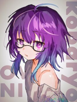 1girl :o ahoge blue_hair bright_pupils character_name chinese_commentary commentary_request glasses gradient_hair hitnex j-core kobaryo_(character) looking_at_viewer lvni_jiangmian multicolored_hair off-shoulder_shirt off_shoulder open_mouth purple_eyes purple_hair ringed_eyes shirt short_hair sidelocks simple_background solo upper_body white_background white_pupils white_shirt
