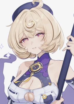 1girl ahoge bare_shoulders beret blonde_hair blue_hat breasts cleavage grey_background hair_intakes hat highres holding large_breasts looking_at_viewer mole mole_under_mouth parted_lips pink_eyes short_hair simple_background solo suwa_(swk_kkk) upper_body yidhari_murphy zenless_zone_zero
