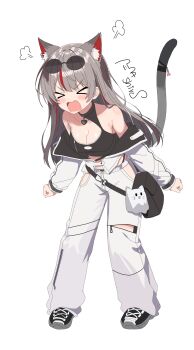 >_< 1girl absurdres animal_ears bag bag_charm bare_shoulders black_bag black_shirt black_shoes blush breasts cat_ears cat_girl cat_tail character_charm character_name charm_(object) cleavage clenched_hands commentary_request crop_top cropped_shirt eric04310 eyewear_on_head fangs full_body grey_hair grey_tail highres jacket jacket_partially_removed korean_commentary large_breasts leaning_forward long_hair long_sleeves maro_(neneko_mashiro) midriff multicolored_hair navel neneko_mashiro open_mouth pants panty_straps puff_of_air shirt shoes shouting simple_background sneakers solo standing stellive straight_hair streaked_hair sunglasses tail v-shaped_eyebrows virtual_youtuber white_background white_jacket white_pants zipper_pull_tab