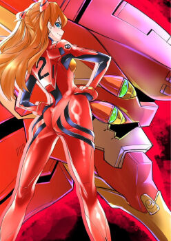 1girl artist_request ass bodysuit brown_hair curvy eva_02 highres long_hair looking_at_viewer looking_back mecha mecha_pilot_suit neon_genesis_evangelion plugsuit_(evangelion) red_bodysuit road robot simple_background smile souryuu_asuka_langley standing street two_side_up wide_hips