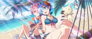 4girls :d ;) aqua_(konosuba) armpit_crease back-to-back bare_arms bare_legs bare_shoulders barefoot beach bikini bikini_ribbon bikini_skirt blue_bikini blue_eyes blue_flower blue_hair blue_sky bow bow_bikini breasts brown_hair building_sand_sculpture cleavage closed_mouth cloud cloudy_sky coconut_tree collarbone crossover cup day drinking_glass flower frilled_bikini frilled_thigh_strap frills game_cg groin hair_flower hair_ornament hair_over_one_eye hammock hand_on_own_hip hibiscus highres holding holding_cup horizon jewelry kneeling kono_subarashii_sekai_ni_shukufuku_wo! konosuba!_fantastic_days large_breasts long_hair looking_at_another maid_headdress medium_breasts megumin multiple_girls navel necklace ocean official_alternate_costume official_art on_hammock one_eye_closed open_mouth orange_flower outdoors palm_tree parted_bangs pink_bikini pink_bow pink_hair pink_ribbon ram_(re:zero) re:zero_kara_hajimeru_isekai_seikatsu red_bikini red_eyes red_flower rem_(re:zero) ribbon sand sand_sculpture shell shell_necklace short_hair short_hair_with_long_locks shoulder_blades siblings side-tie_skirt sidelocks sisters sitting sky small_breasts smile standing stomach sunlight swimsuit teeth thigh_strap thighs tree twins upper_teeth_only water wet wrist_cuffs x_hair_ornament
