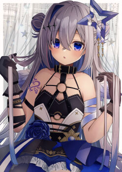 1girl absurdres amane_kanata amane_kanata_(another_world) annin_oekaki bare_shoulders black_choker black_gloves black_jacket black_sports_bra blue_hair blue_halo blue_wings blush choker collarbone commentary_request crossed_bangs fallen_angel gloves gradient_hair gradient_wings grey_hair grey_wings hair_between_eyes hair_bun halo heart highres hololive jacket jewelry long_hair looking_at_viewer multicolored_hair multicolored_wings necklace official_alternate_costume official_alternate_hairstyle open_mouth parted_bangs purple_eyes single_hair_bun single_hair_intake single_side_bun solo sports_bra star_halo tilted_halo upper_body virtual_youtuber wings