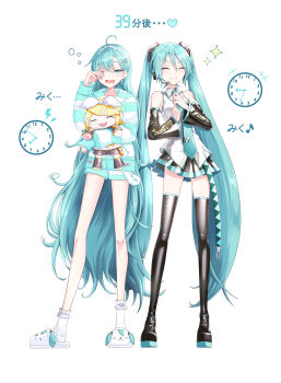 2girls 39 absurdres ahoge aqua_eyes aqua_hair aqua_necktie black_skirt black_sleeves boots breasts character_doll clock closed_eyes closed_mouth collarbone collared_shirt commentary_request detached_sleeves doll floating_hair full_body grey_shirt hair_between_eyes hair_ornament hairband hatsune_miku headphones headset highres itogari kagamine_rin long_hair long_sleeves looking_at_viewer medium_breasts miku_day miniskirt multiple_girls necktie one_eye_closed open_mouth outstretched_arms pajamas pleated_skirt rubbing_eyes shirt simple_background skirt sleeveless sleeveless_shirt smile socks solo standing straight_hair striped_clothes striped_pajamas thigh_boots translation_request twintails very_long_hair vocaloid white_background white_socks