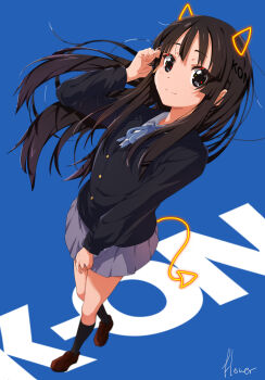 1girl absurdres adjusting_hair akiyama_mio avarangers black_eyes black_hair black_jacket black_socks blazer blue_background blue_ribbon brown_shoes buttons commentary_request copyright_name demon_horns demon_tail dress english_text grey_skirt highres horns jacket k-on! kneehighs loafers long_hair looking_at_viewer neck_ribbon pleated_dress ribbon sakuragaoka_high_school_uniform school_uniform shoes sign skirt socks standing tail winter_uniform