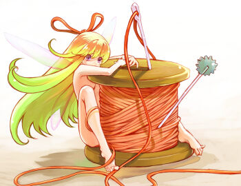 Rule 34 | 1girl, breasts, commentary request, fairy, fairy wings, gradient hair, hair ribbon, mini person, minigirl, multicolored hair, needle, nude, original, purple eyes, ribbon, sewing needle, simple background, small breasts, solo, thread, unpoco, white background, wings