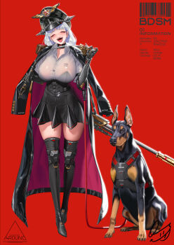 1girl 1other absurdres artist_collaboration artist_name belt_buckle black_collar black_shoes black_skirt black_thighhighs blunt_bangs blush breasts buckle buttons character_name circle_name coat coat_on_shoulders collar crazyred dobermann dog epaulettes eyelashes facing_viewer fangs fingernails full_body glowing glowing_eyes gold grey_shirt gun hat high_heels highres holding holding_whip huge_breasts jacket knee_pads leash long_coat long_hair looking_at_viewer mechanical_arms military_hat military_jacket miniskirt original peaked_cap qs_(qs_0222) red_background red_eyes rifle see-through_clothes see-through_shirt sharp_fingernails shirt shoes signature skin_tight skindentation skirt standing star_(symbol) teeth thighhighs tongue tongue_out twitter_username upper_teeth_only weapon white_hair zettai_ryouiki