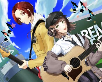 1boy 1girl absurdres acoustic_guitar black_hat black_necktie brown_hair brown_jacket choker collared_shirt earphones flat_cap green_eyes guitar hat highres holding holding_guitar holding_instrument instrument jacket kamishiro_nagisa long_sleeves looking_at_another mo_yako music necktie open_clothes open_jacket outdoors persona persona_5 persona_5:_the_phantom_x playing_instrument sakai_ayaka school_uniform shirt short_hair smile white_shirt yellow_jacket
