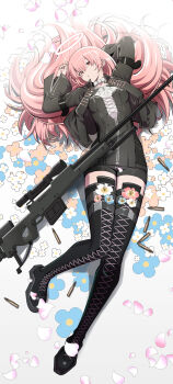 1girl absurdres ai_arctic_warfare arknights black_dress black_jacket bolt_action boots bullet dress floral_background flower gun halo highres jacket lace-up_boots lemuen_(arknights) long_hair lying on_back petals pink_eyes pink_hair rifle samacho sniper_rifle thigh_boots weapon white_halo zipper