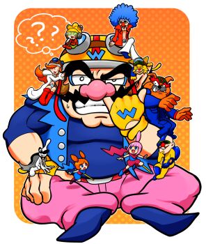 3girls 6+boys 9-volt alien ana_(warioware) black_cape blue_footwear blue_hair blue_shirt brown_hair cape cat cleft_chin clenched_teeth coat dog dr._crygor dribble_(warioware) facial_hair fingerless_gloves furry furry_male gloves goggles goggles_on_headwear helmet highres hoshi_(star-name2000) jacket jimmy_t kat_(warioware) long_hair looking_at_viewer mona_(warioware) multiple_boys multiple_girls mustache ninja nintendo open_mouth orange_hair orbulon pants pink_hair pink_pants red_footwear red_jacket scarf shirt sitting spitz sunglasses teeth thick_eyebrows wario warioware white_coat white_pants yellow_gloves