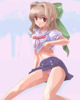 Rule 34 | 00s, 1girl, aisia, bow, brown eyes, clothes lift, da capo, da capo i, female focus, hair bow, long hair, lowres, midriff, miniskirt, panties, pantyshot, purple panties, red eyes, school uniform, serafuku, shirt lift, sitting, skirt, solo, underwear, upskirt