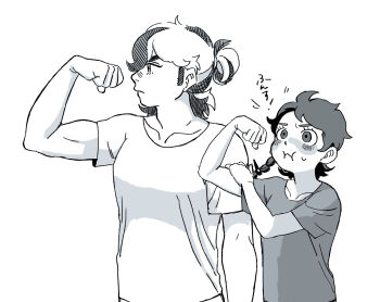 1boy 1girl :i arven_(pokemon) biceps blush collarbone commentary_request flexing greyscale hair_bun hand_on_own_arm highres large_pectorals looking_to_the_side monochrome muscular muscular_male nintendo pectorals pokemon pokemon_sv profile puffy_cheeks short_sleeves sketch struggling tnk_free_(onenneshitero) translation_request upper_body white_background