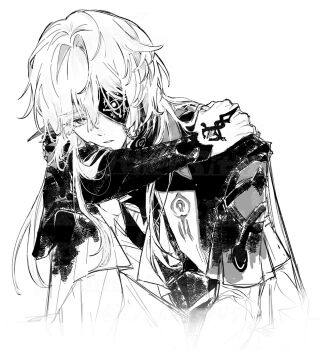 1boy anaxa_(honkai:_star_rail) capelet commentary_request eyepatch fading frown greyscale hand_on_own_shoulder hand_tattoo highres honkai:_star_rail honkai_(series) long_hair looking_at_viewer lv_minus999 male_focus monochrome parted_lips sketch solo tattoo upper_body