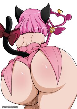 1girl absurdres animal_ears ass back backless_outfit bell bow cat_ears cat_tail choker dress frilled_choker frills highres huge_ass jingle_bell magical_girl mew_ichigo momomiya_ichigo off-shoulder_dress off_shoulder panties pink_choker pink_hair puffy_sleeves shimetta_masuta shiny_skin short_dress short_hair skirt solo tail tail_bow tail_ornament thigh_strap tokyo_mew_mew transparent_background underwear wand wedgie