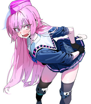 1girl absurdres black_gloves black_shirt black_skirt black_thighhighs blush braid clothes_lift commentary disembodied_hand fang garrison_cap girls&#039;_frontline gloves hat highres knee_pads long_hair ntw-20_(girls&#039;_frontline) open_mouth pink_eyes pink_hair pink_hat pleated_skirt ruppu sailor_collar school_uniform serafuku shirt single_braid skin_fang skirt skirt_lift sweatdrop thighhighs tongue white_background white_sailor_collar